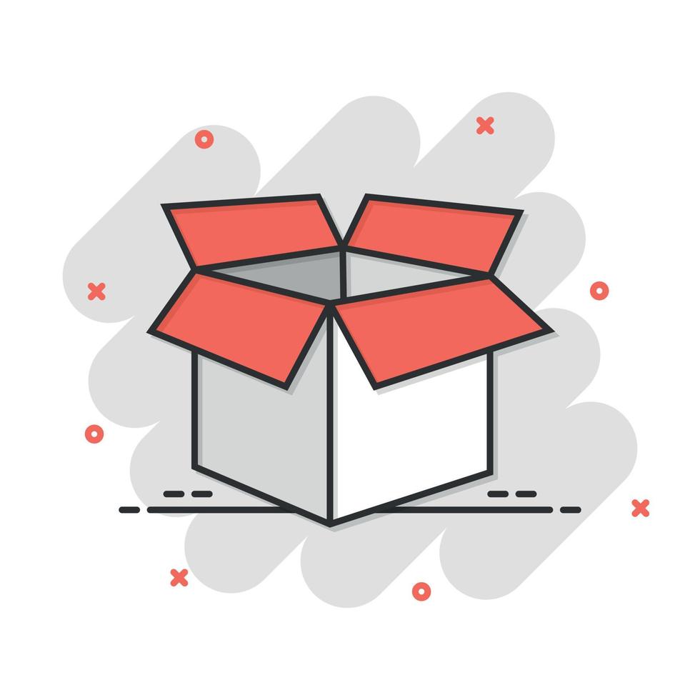 öppen kartong ikon i komisk stil. frakt låda tecknad serie vektor illustration på isolerat bakgrund. behållare tecken företag begrepp stänk effekt.