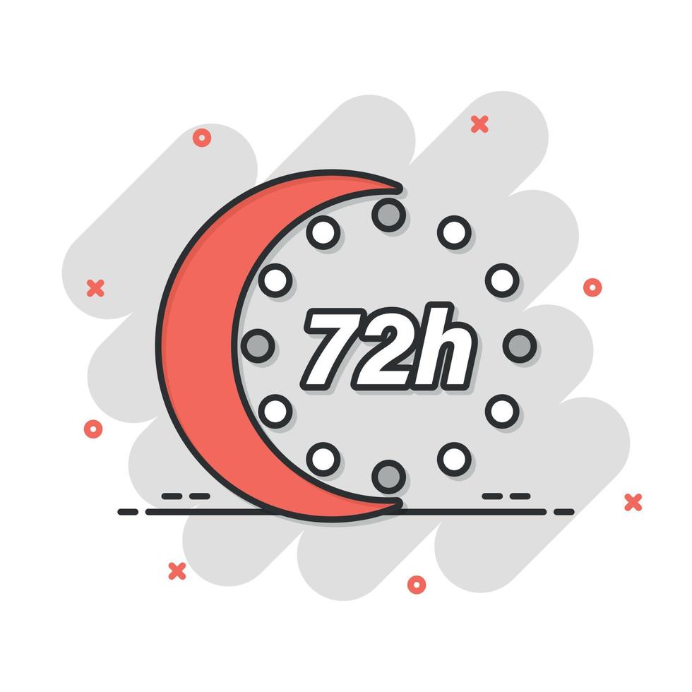 72-Stunden-Uhr-Symbol im Comic-Stil. Timer-Countdown-Cartoon-Vektorillustration auf isoliertem Hintergrund. Zeit Maßnahme Spritzeffekt Zeichen Geschäftskonzept. vektor