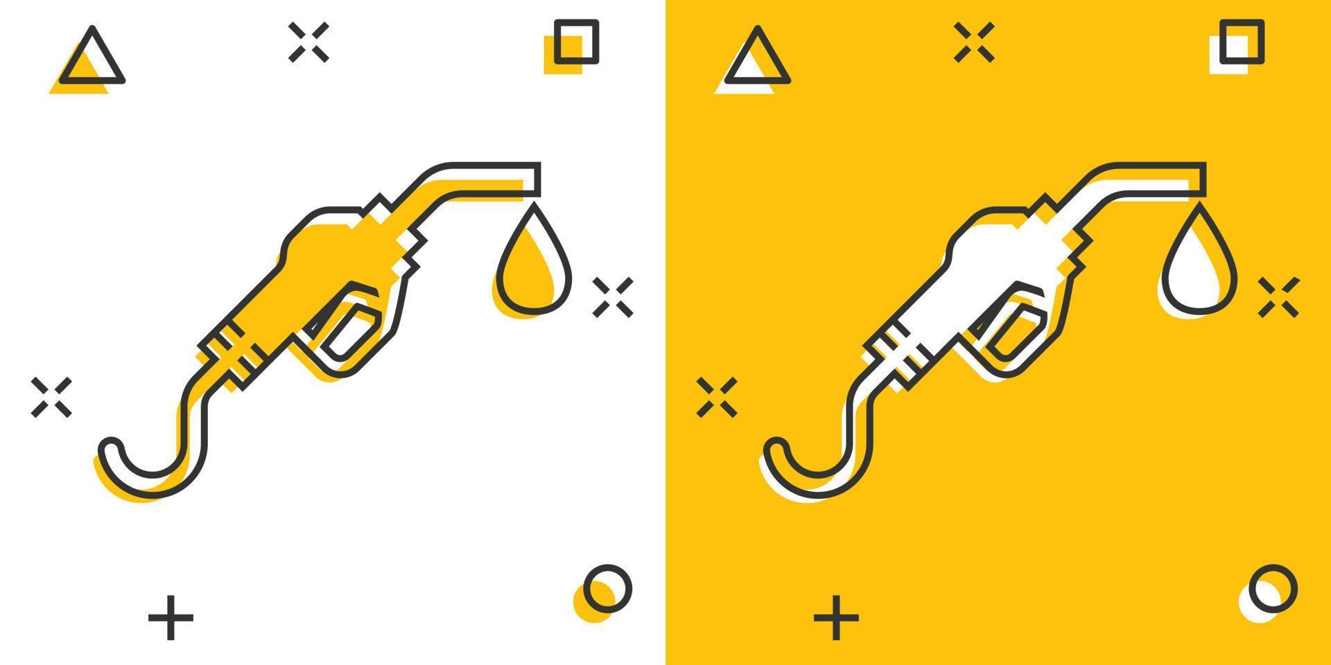 Kraftstoffpumpen-Symbol im Comic-Stil. Tankstellenkarikaturzeichen-Vektorillustration auf weißem lokalisiertem Hintergrund. Geschäftskonzept mit Benzin-Splash-Effekt. vektor