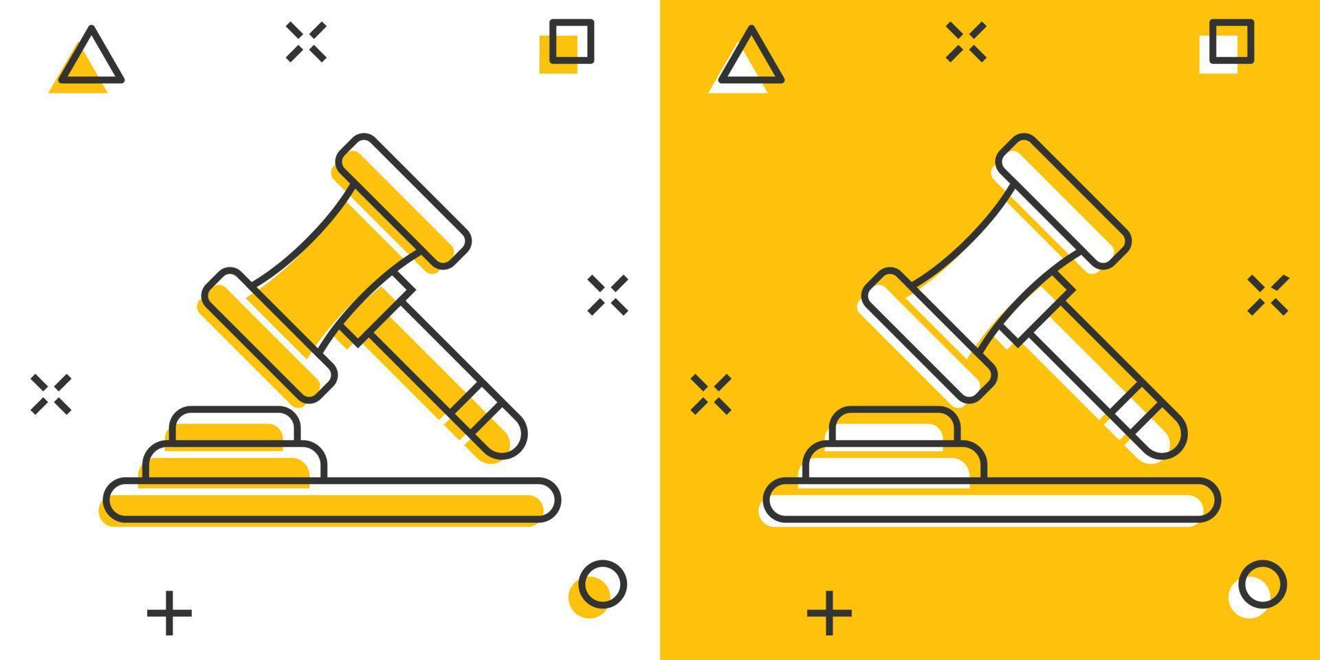 Auktionshammer-Symbol im Comic-Stil. Gerichtszeichen-Karikaturvektorillustration auf weißem lokalisiertem Hintergrund. Geschäftskonzept für den Splash-Effekt des Tribunals. vektor