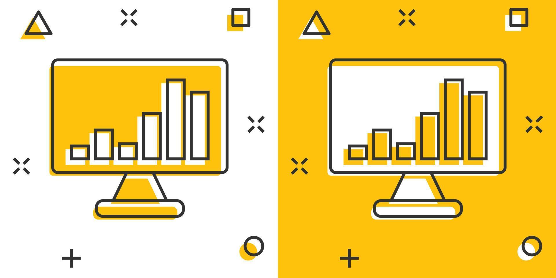 Website-Analytics-Symbol im Comic-Stil. seo-datenkarikaturvektorillustration auf weißem lokalisiertem hintergrund. Computerdiagramm-Splash-Effekt-Geschäftskonzept. vektor