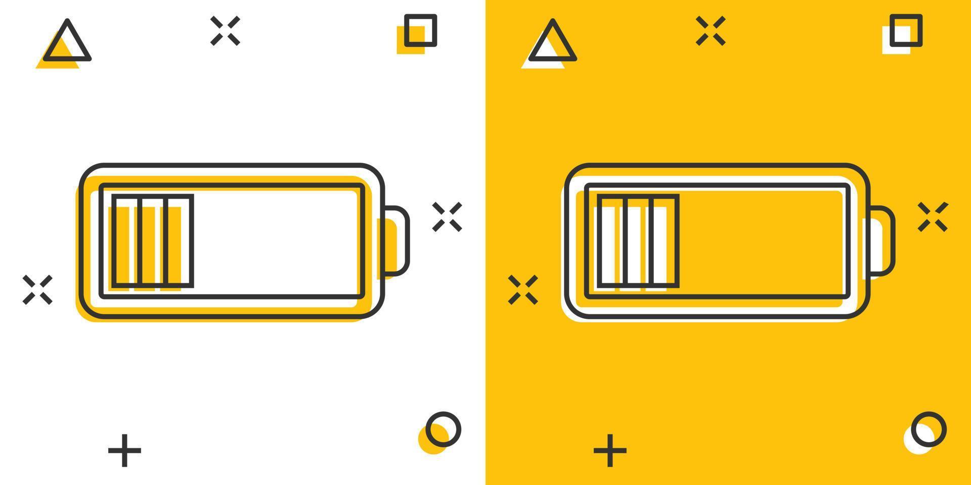 batteri avgift ikon i komisk stil. kraft nivå tecknad serie vektor illustration på vit isolerat bakgrund. litium ackumulator stänk effekt företag begrepp.