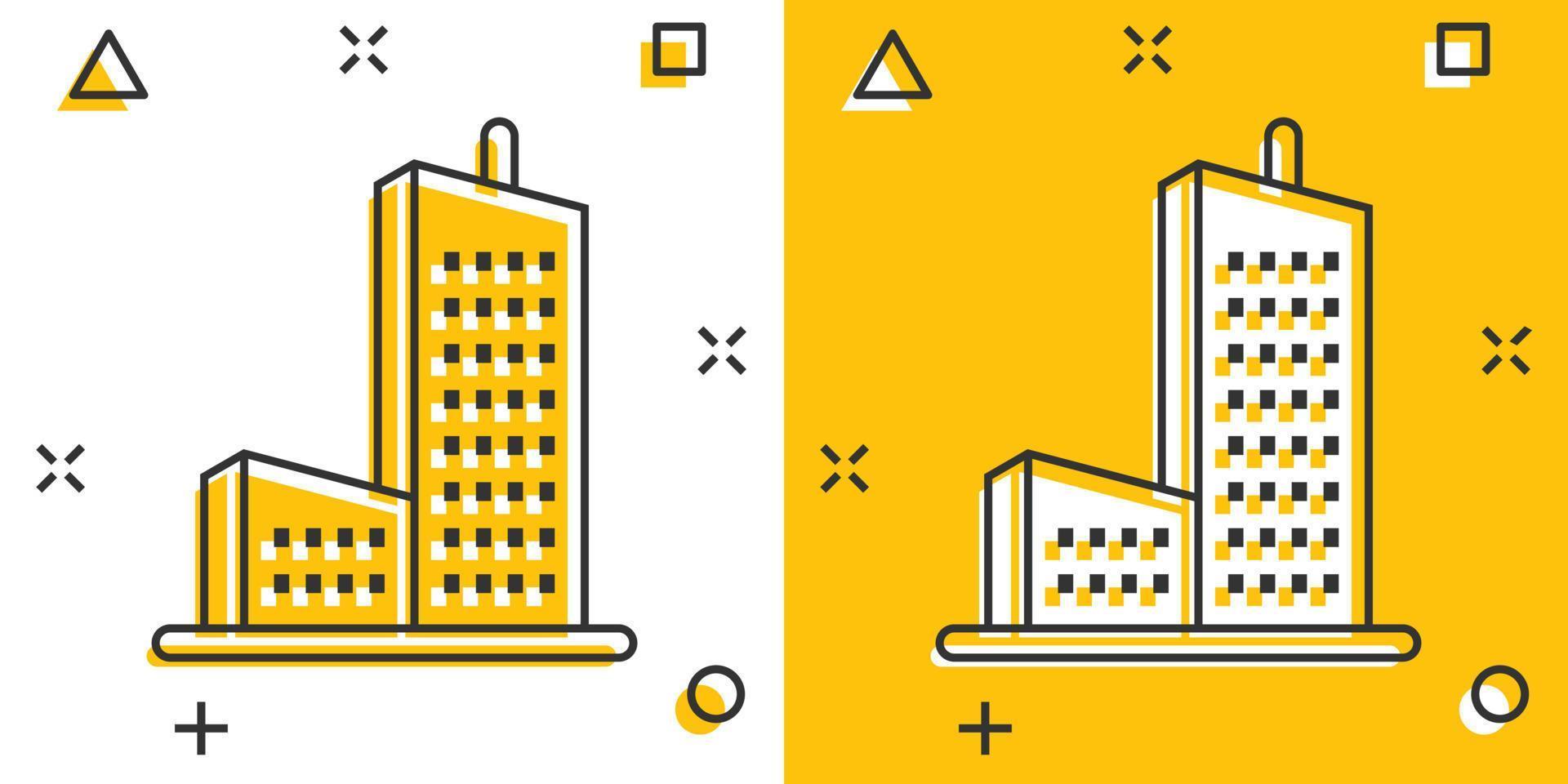 byggnad ikon i komisk stil. stad skyskrapa lägenhet tecknad serie vektor illustration på vit isolerat bakgrund. stad torn stänk effekt företag begrepp.