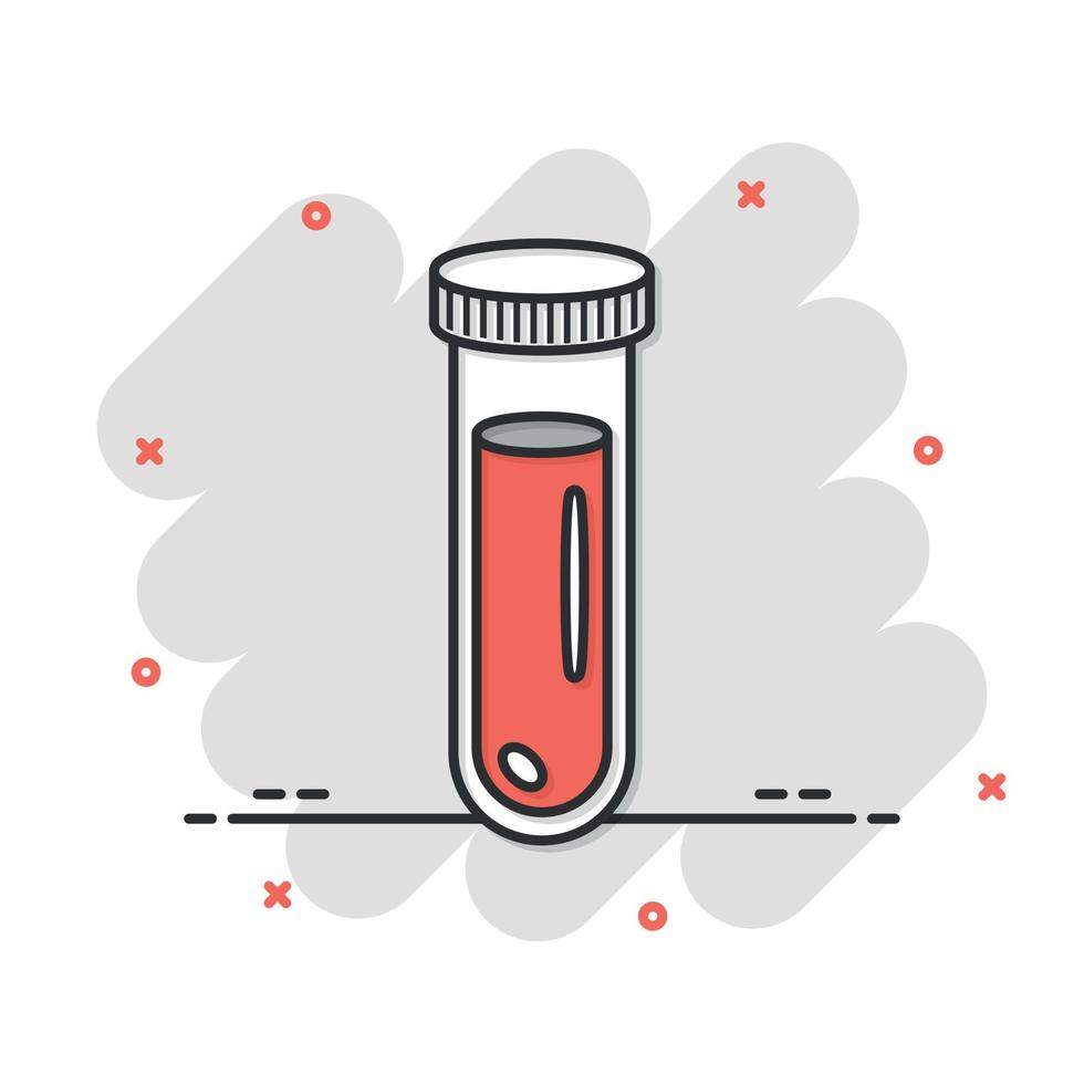 blod i testa rör ikon i komisk stil. laboratorium flaska tecknad serie vektor illustration på isolerat bakgrund. flytande i bägare stänk effekt tecken företag begrepp.