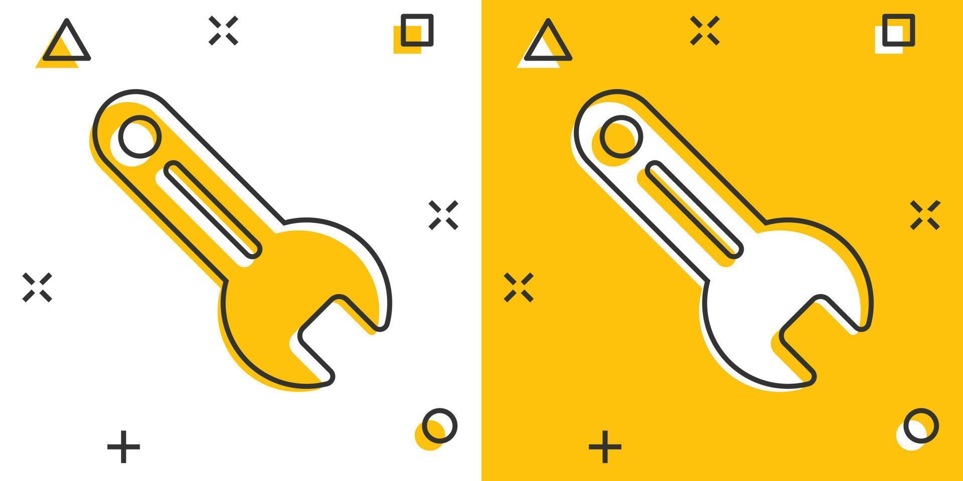 Schraubenschlüssel-Symbol im Comic-Stil. Schraubenschlüssel-Cartoon-Vektorillustration auf weißem, isoliertem Hintergrund. Geschäftskonzept mit Splash-Effekt für Reparaturgeräte. vektor