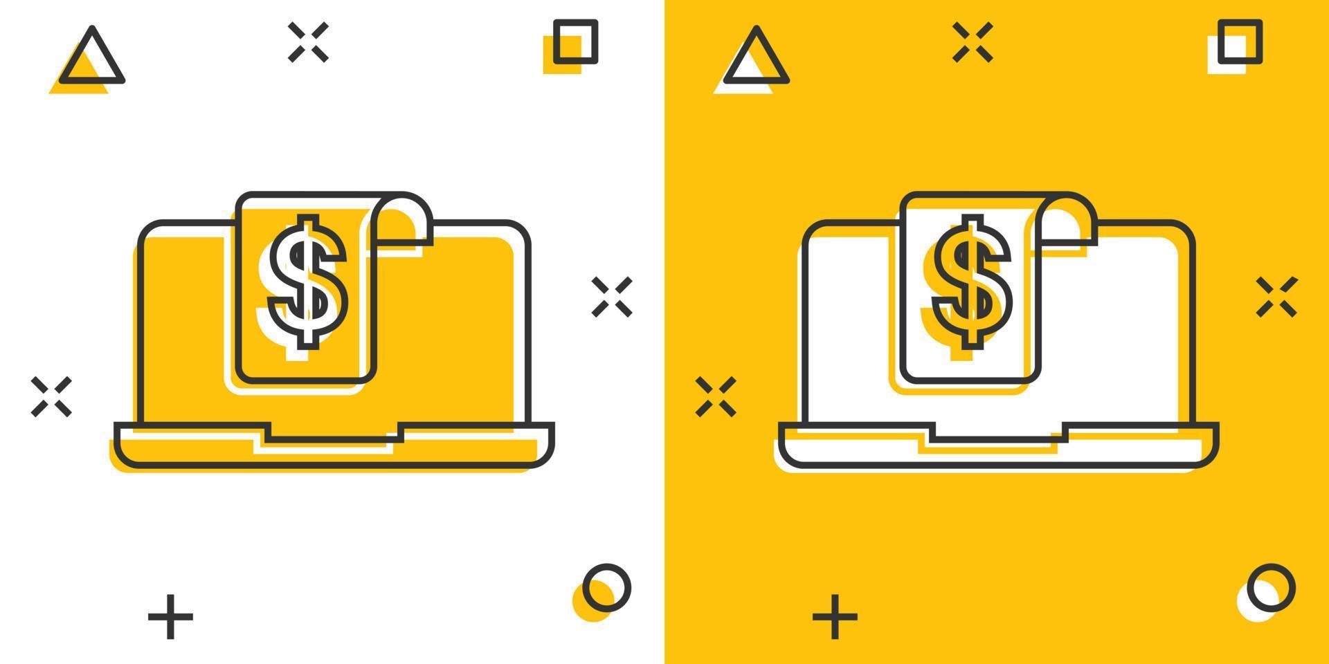 Laptop-Computer-Diagramm-Symbol im Comic-Stil. Gelddiagrammkarikatur-Vektorillustration auf weißem lokalisiertem Hintergrund. Geschäftskonzept für den Splash-Effekt von Finanzprozessen. vektor