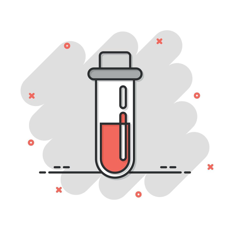 blod i testa rör ikon i komisk stil. laboratorium flaska tecknad serie vektor illustration på isolerat bakgrund. flytande i bägare stänk effekt tecken företag begrepp.