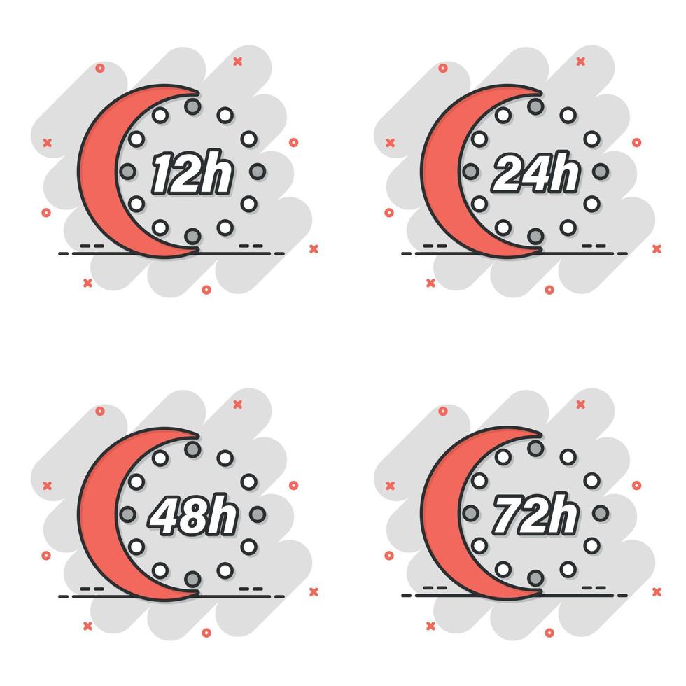 Uhrensymbol im Comic-Stil. Timer-Countdown-Cartoon-Vektorillustration auf isoliertem Hintergrund. Zeit Maßnahme Spritzeffekt Zeichen Geschäftskonzept. vektor