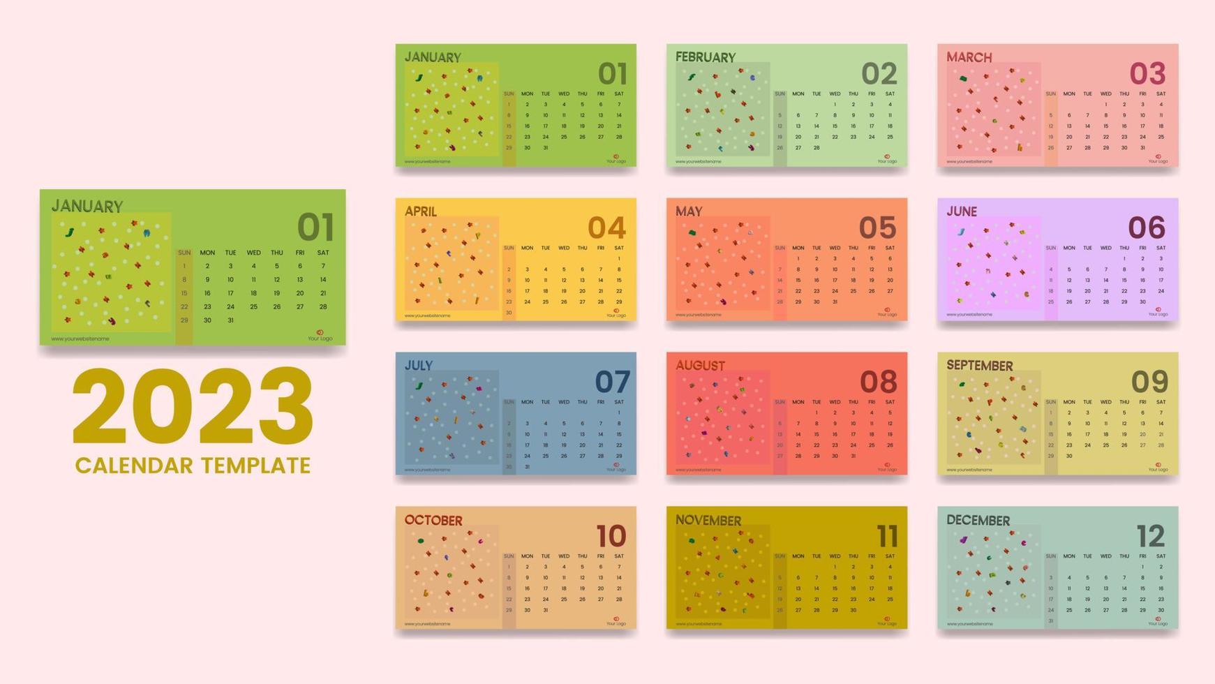 skrivbord kalender 2023 eller en gång i månaden varje vecka schema ny år färgrik kalender design mall vektor