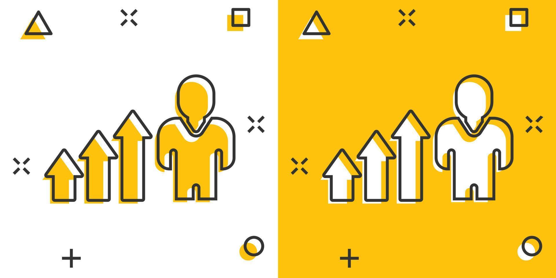 människor med tillväxt pil ikon i komisk stil. arbete strategi tecknad serie vektor illustration på vit isolerat bakgrund. kontor Träning stänk effekt företag begrepp.