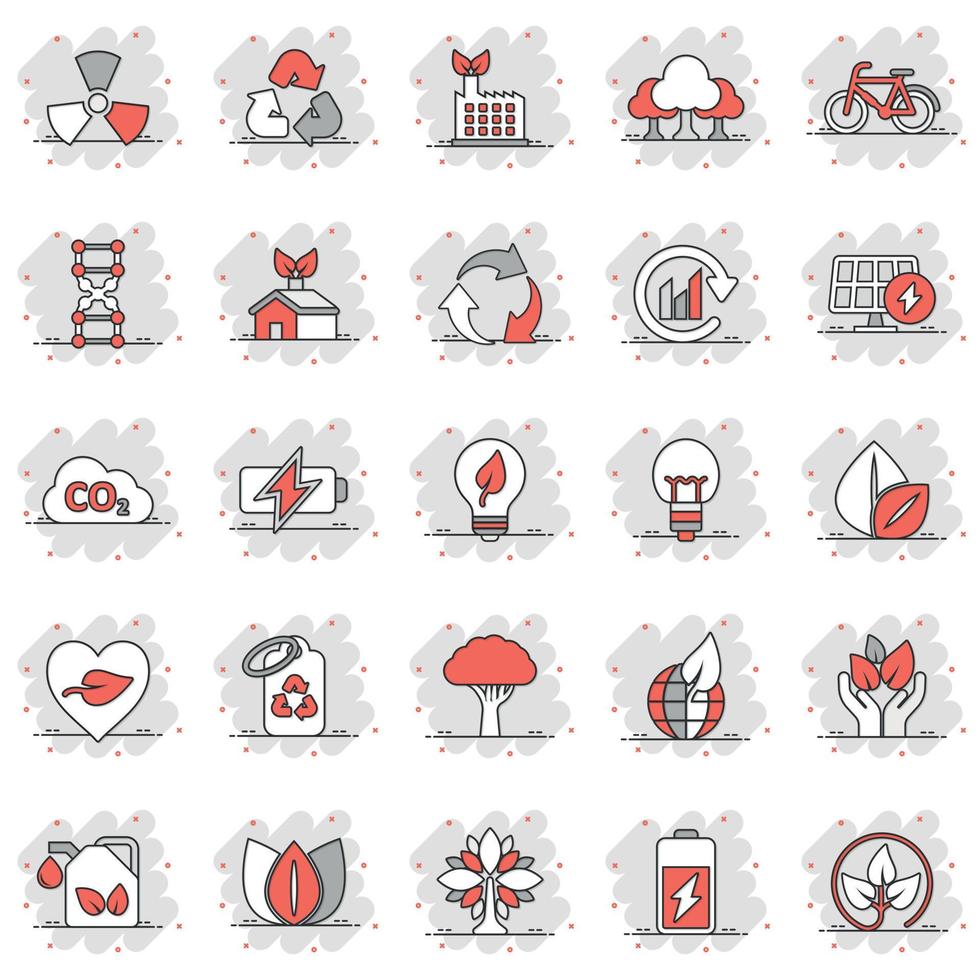 Öko-Umwelt-Icons im Comic-Stil. Ökologiekarikatur-Vektorillustration auf weißem lokalisiertem Hintergrund. Bio-Emblem-Splash-Effekt-Zeichen-Geschäftskonzept. vektor