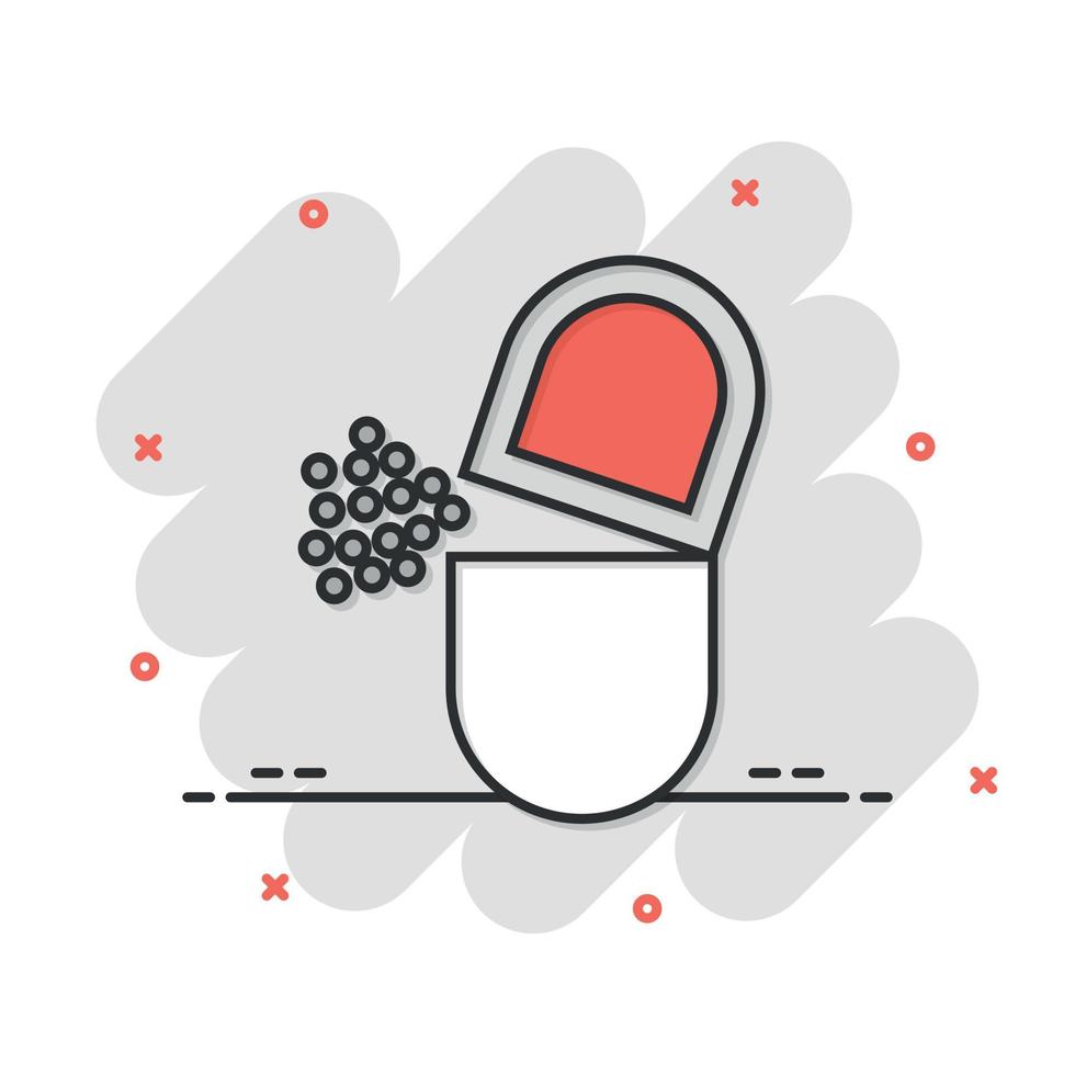 Vitamin-Pille-Notiz-Symbol im Comic-Stil. Kapselkarikatur-Vektorillustration auf weißem lokalisiertem Hintergrund. Geschäftskonzept mit Antibiotikum-Splash-Effekt. vektor