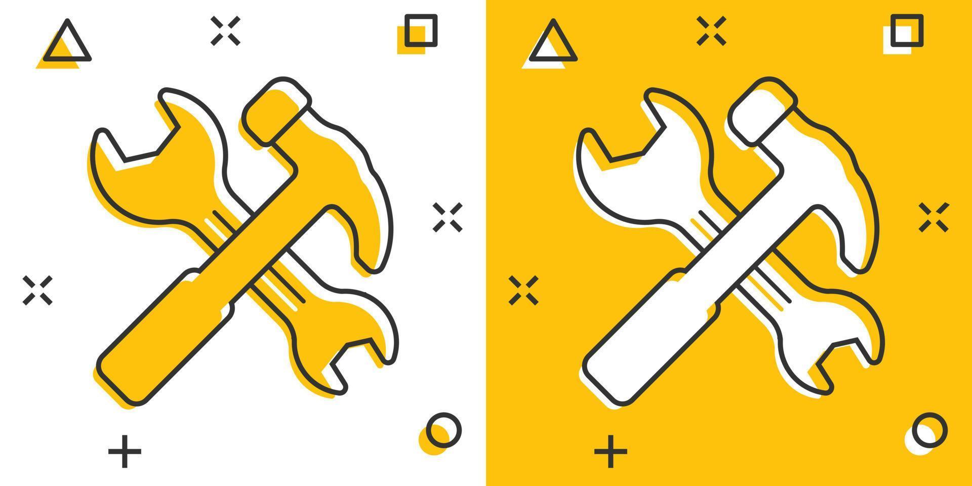 Hammer mit Schraubenschlüssel-Symbol im flachen Stil. Arbeitsinstrument-Vektorillustration auf weißem getrenntem Hintergrund. Geschäftskonzept für Reparaturgeräte. vektor