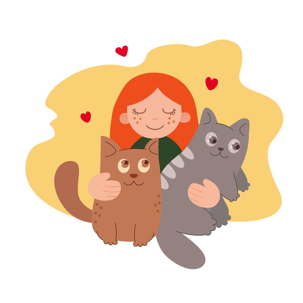 respekt din katt dag. rödhårig flicka, värdinna kramar henne tecknad serie katter. kärlek till vår sällskapsdjur. vektor illustration