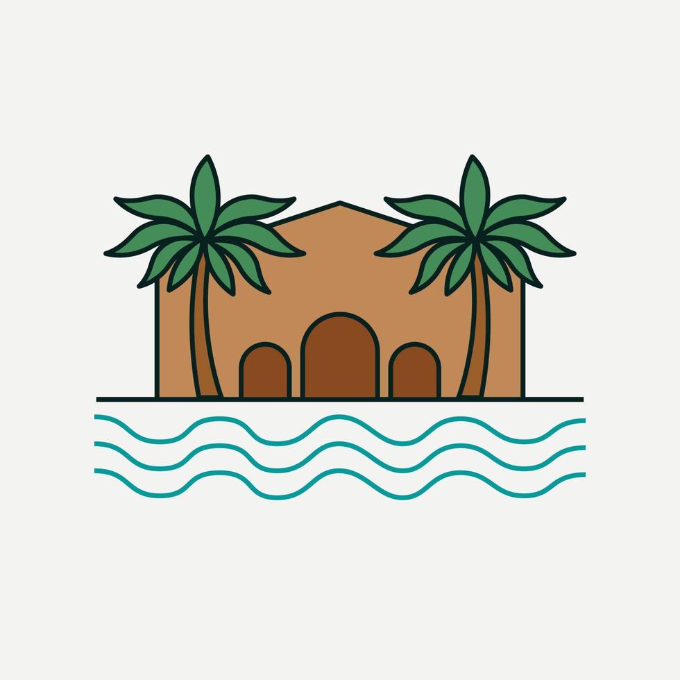 haus- und palmenillustration. Vektorgrafik, die ein Haus am Strand mit Palmen darstellt. vektor