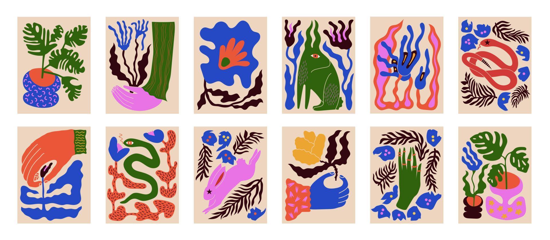Moderne Gemälde für den Innenraum mit Blumen, Hand, Hase, Schlange. Zeichenstil. farbenfrohe Illustrationen von Stillleben mit Blumen, einer Schlange, einem Hasen, einer Palme für Decken, Bildern. Innenanstrich. vektor