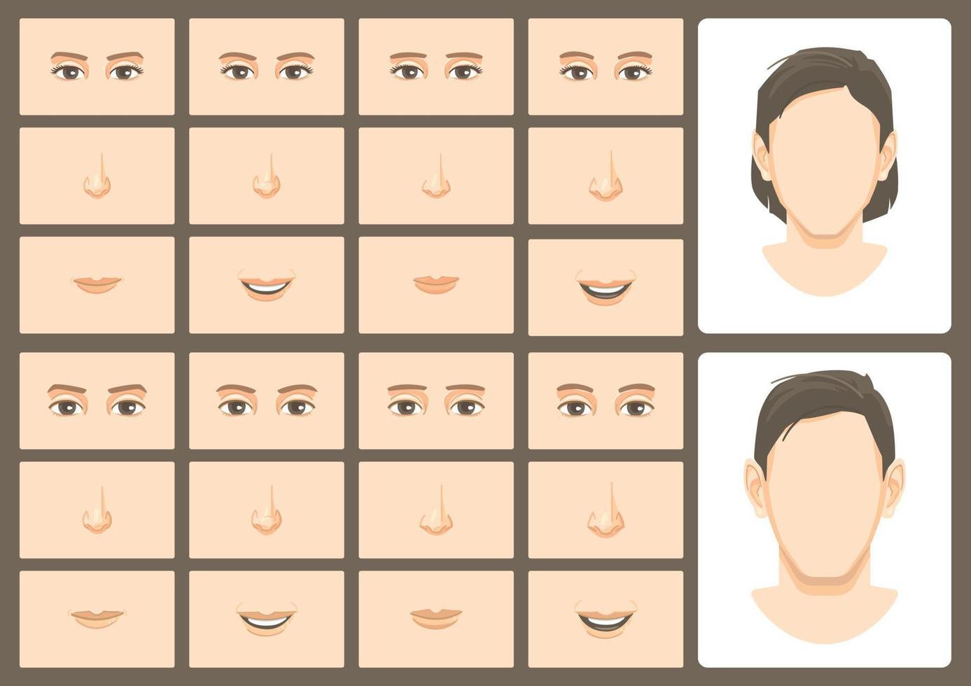 Gesichtskonstruktor angepasste Kombination aus 4 Elementen aus Augenknoten Mund einer männlichen und weiblichen Figur Version 1 vektor