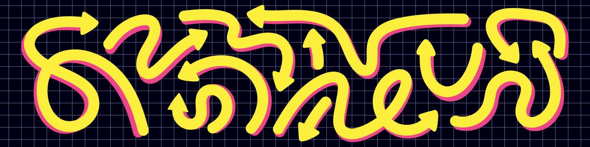 dynamische Pfeile Doodle-Set. verschiedene verspielte gelbe linienelemente mit pfeildrehung. skurrile Designrichtung. flache vektorisolierte illustration vektor
