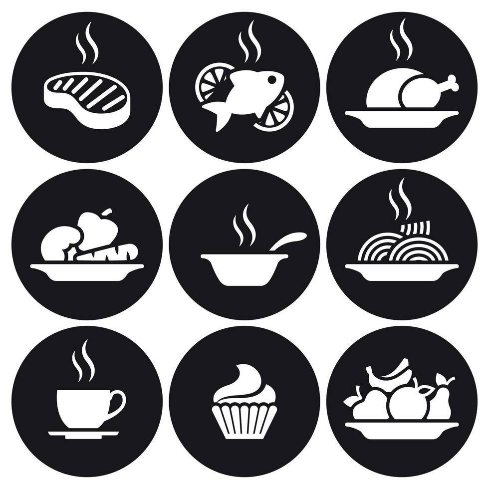 Symbole für Speisen und Getränke festgelegt. weiß auf schwarzem Grund vektor