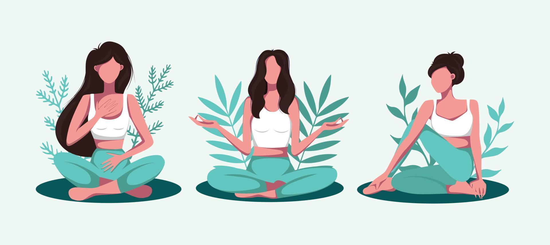 vektorillustration des minttürkisfarbenen paletten-yoga-sets für mädchen, die yoga und meditation ohne gesicht machen vektor