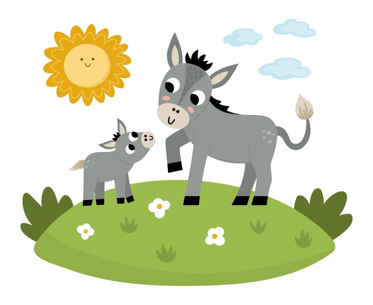 Vektor Esel mit Baby auf einer Wiese unter der Sonne. niedliche karikaturfamilienszenenillustration für kinder. Nutztiere auf natürlichem Hintergrund. buntes flaches Mutter- und Babybild für Kinder