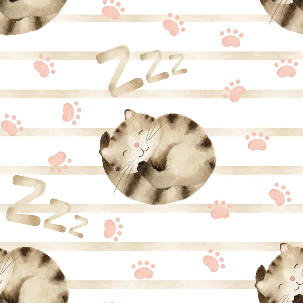 Wasserfarbenes, nahtloses Muster mit süßer brauner Tabby-Katze schläft zusammengerollt und Katzenabdrücke. handgezeichnete Abbildung. hintergrund für kinderzimmer, textilien, kleidung und anderes design vektor