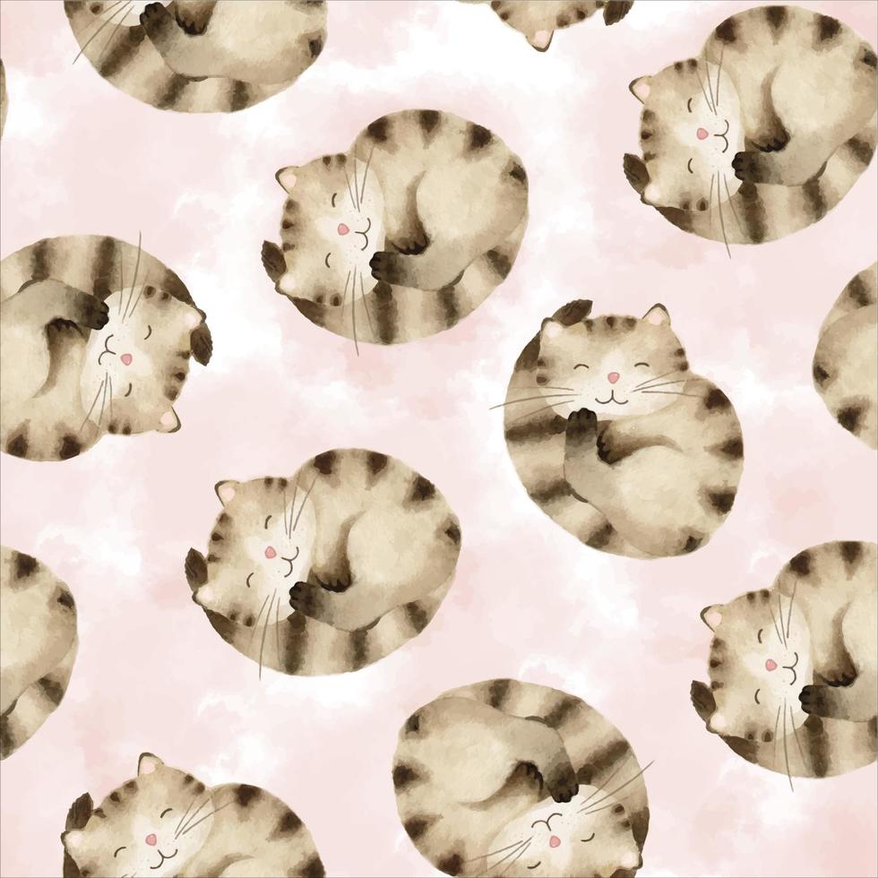 sömlös mönster med en söt brun randig katt sovande ringlad upp på en vattenfärg rosa bakgrund. ritad för hand illustration. bakgrund för barns rum, textilier, Kläder och Övrig design vektor