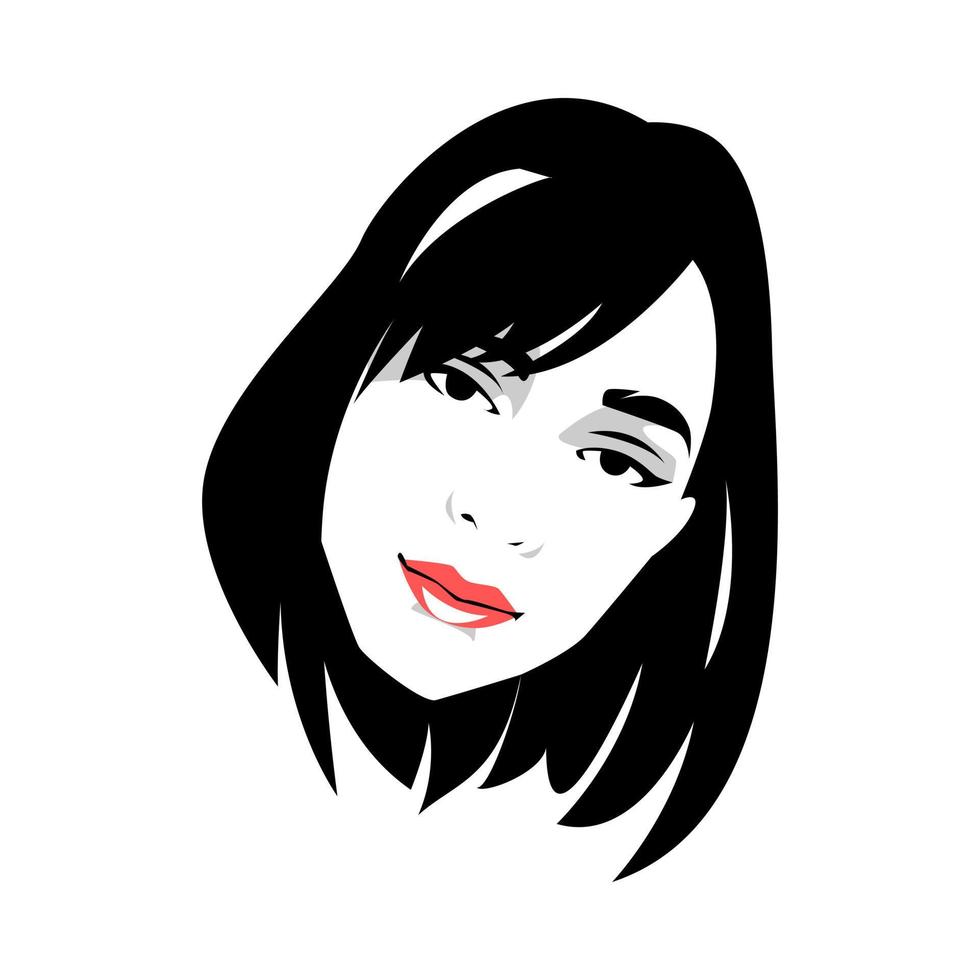 svart och vit pop- konst porträtt av en kvinnas ansikte med kort frisyr. svartvit. isolerat vit bakgrund. vektor illustration.