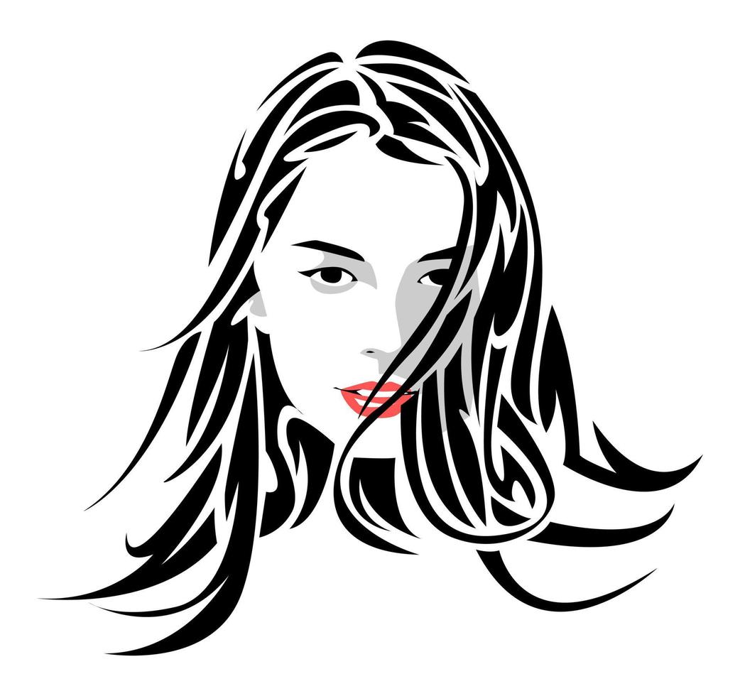 Schwarz-Weiß-Porträt einer schönen jungen Frau mit langen Haaren. abstraktes Haar, das dem Wind ausgesetzt ist. isolierter weißer Hintergrund. flache vektorillustration. vektor