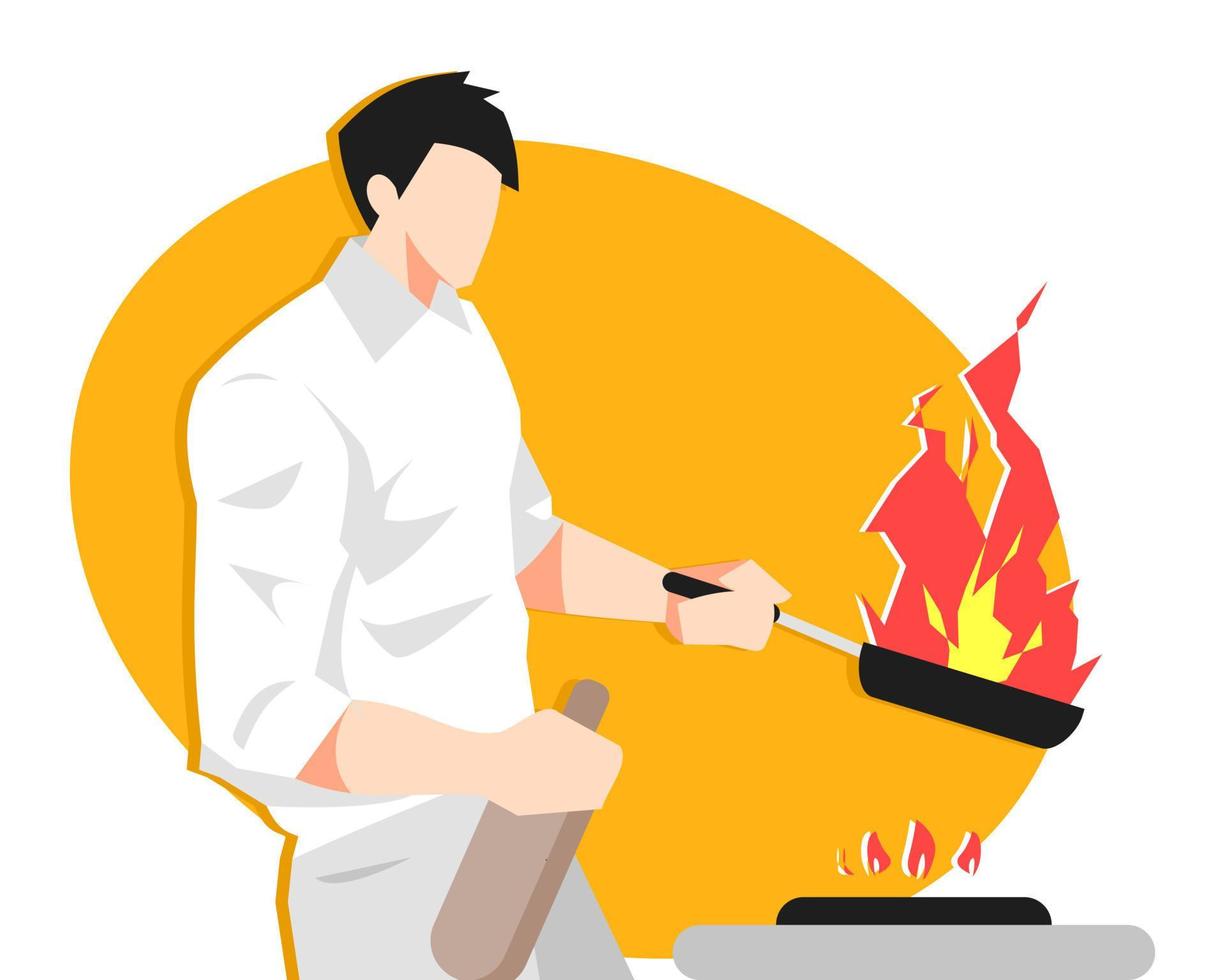 illustration av manlig kock matlagning med brand. kockens unik Kompetens och prestanda. isolerat på ett orange bakgrund. lämplig för matlagning teman, yrken, hobbyer, akrobatik, etc. platt vektor