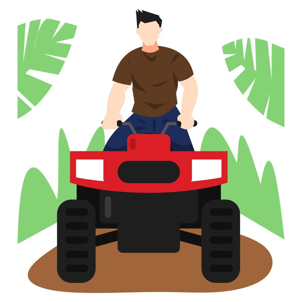 ATV-Fahrer. Quads. Geländefahrzeuge. Grashintergrund, Blätter. geeignet für transportthemen, sport, hobbys, spiele usw. flache vektorillustration vektor