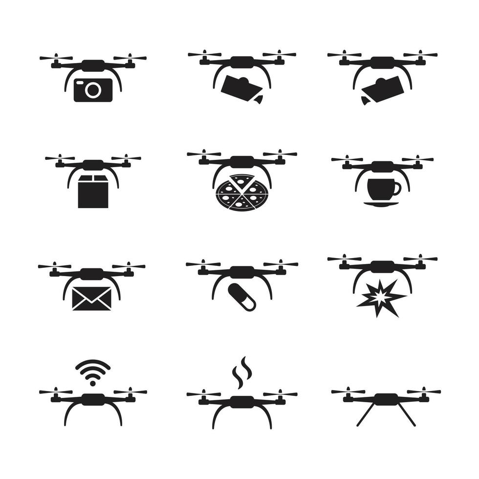 Symbole für Luftdrohnen- und Quadcopter-Werkzeuge. Icon-Set-Stil flache Vektorgrafiken, weiße Symbole, isolierter Hintergrund vektor