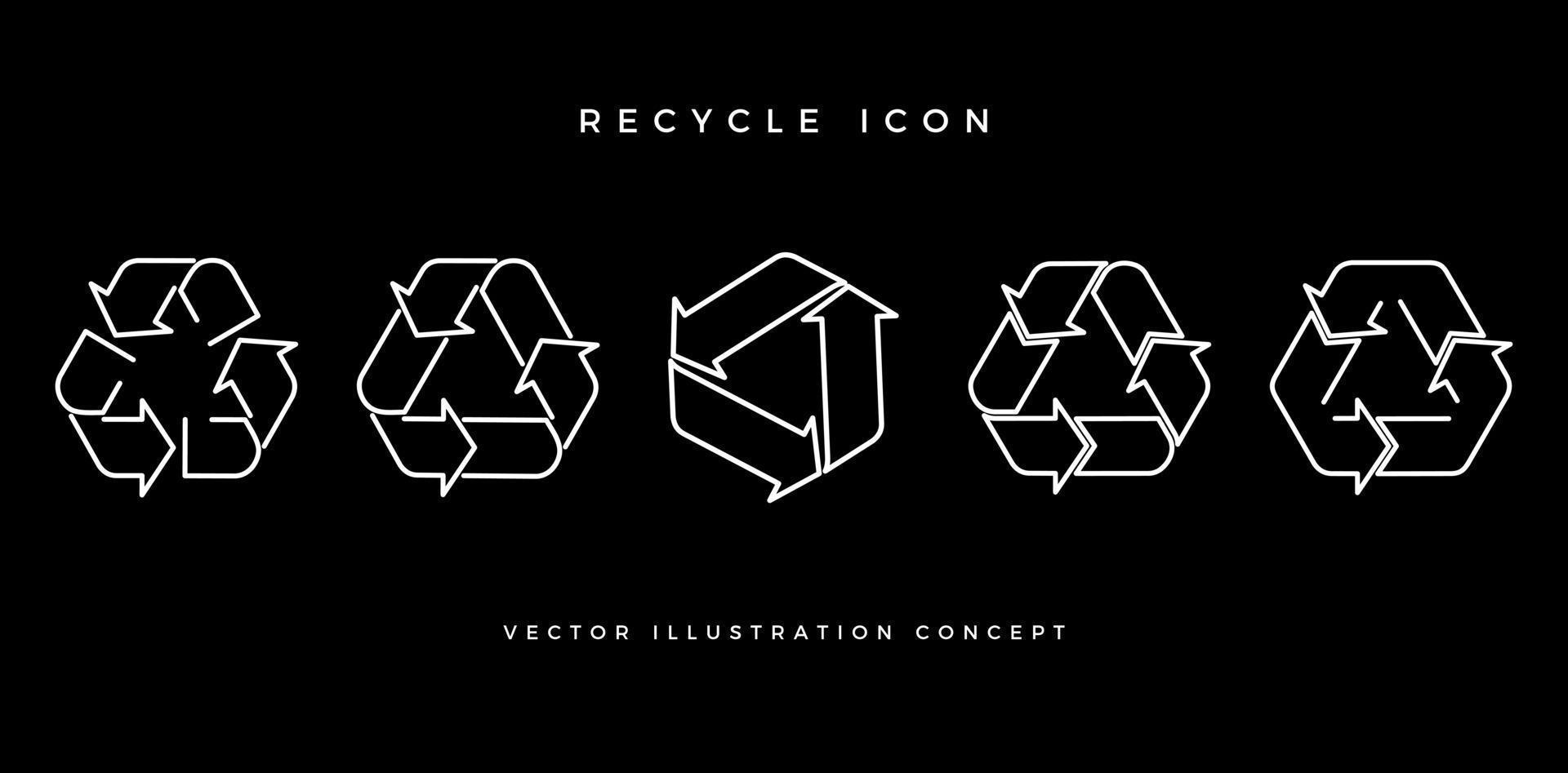 Abbildung fünf Reihe von Recycling-Symbolen. vektorillustration lokalisiert auf einem schwarzen hintergrund für paketetikettenprodukte unternehmen oder unternehmen, benutzerschnittstellendesigns verpackungen, collagen, decksschilder vektor