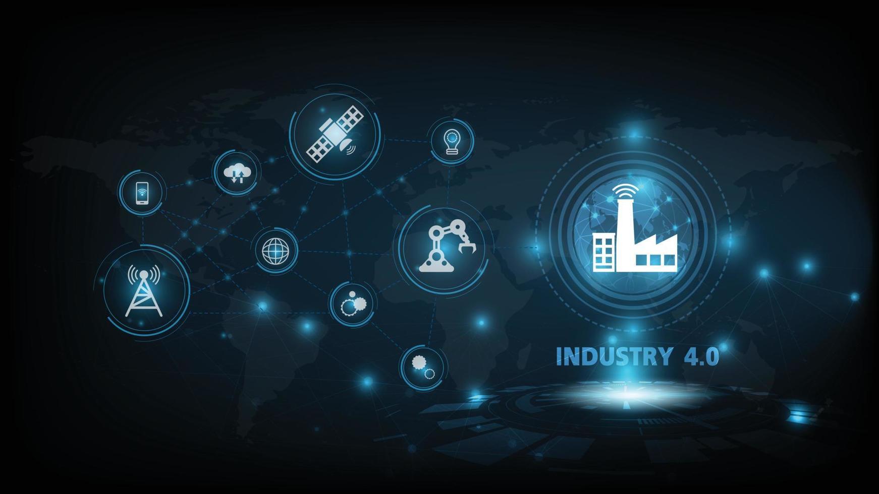 industriell rotation 4.0. sci fi hologram och 3d tal med konceptuell ikoner. industri 4.0 begrepp intelligens robotik, fysisk system vektor illustratör