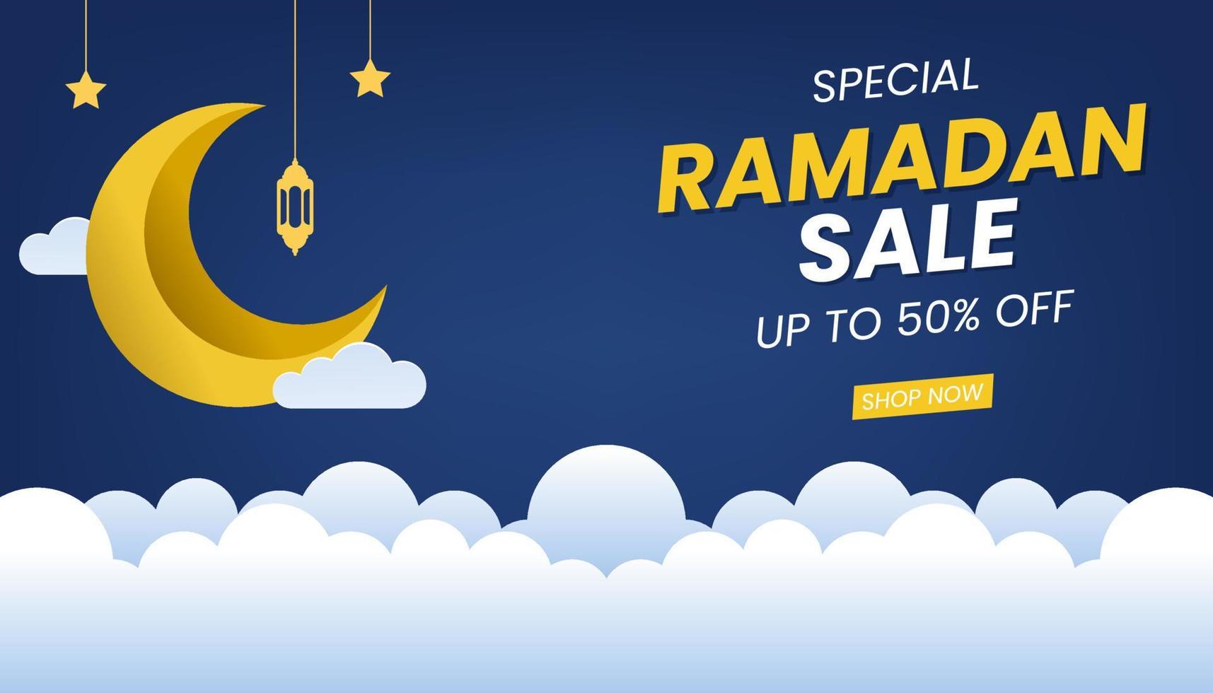 Ramadan Sale Banner Template Design mit Halbmond, Stern, Wolke und Laternen vektor