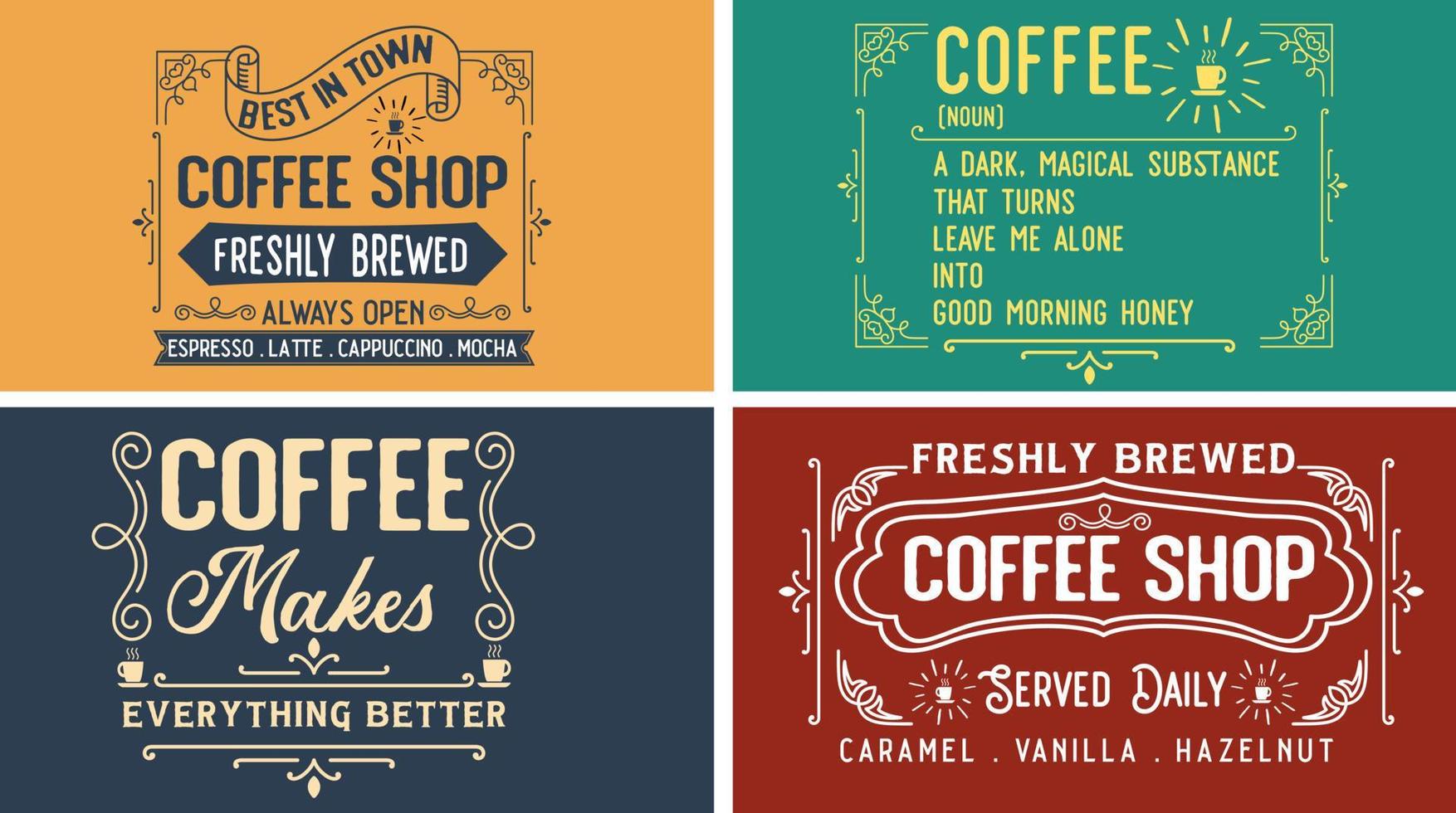 årgång kaffe tecken vektor grafisk svg design för kaffe affär. fräsch bryggt, espresso, latte, mocka, cappuccino. eras dagligen kola, vanilj, hasselnöt. kaffe gör allt bättre