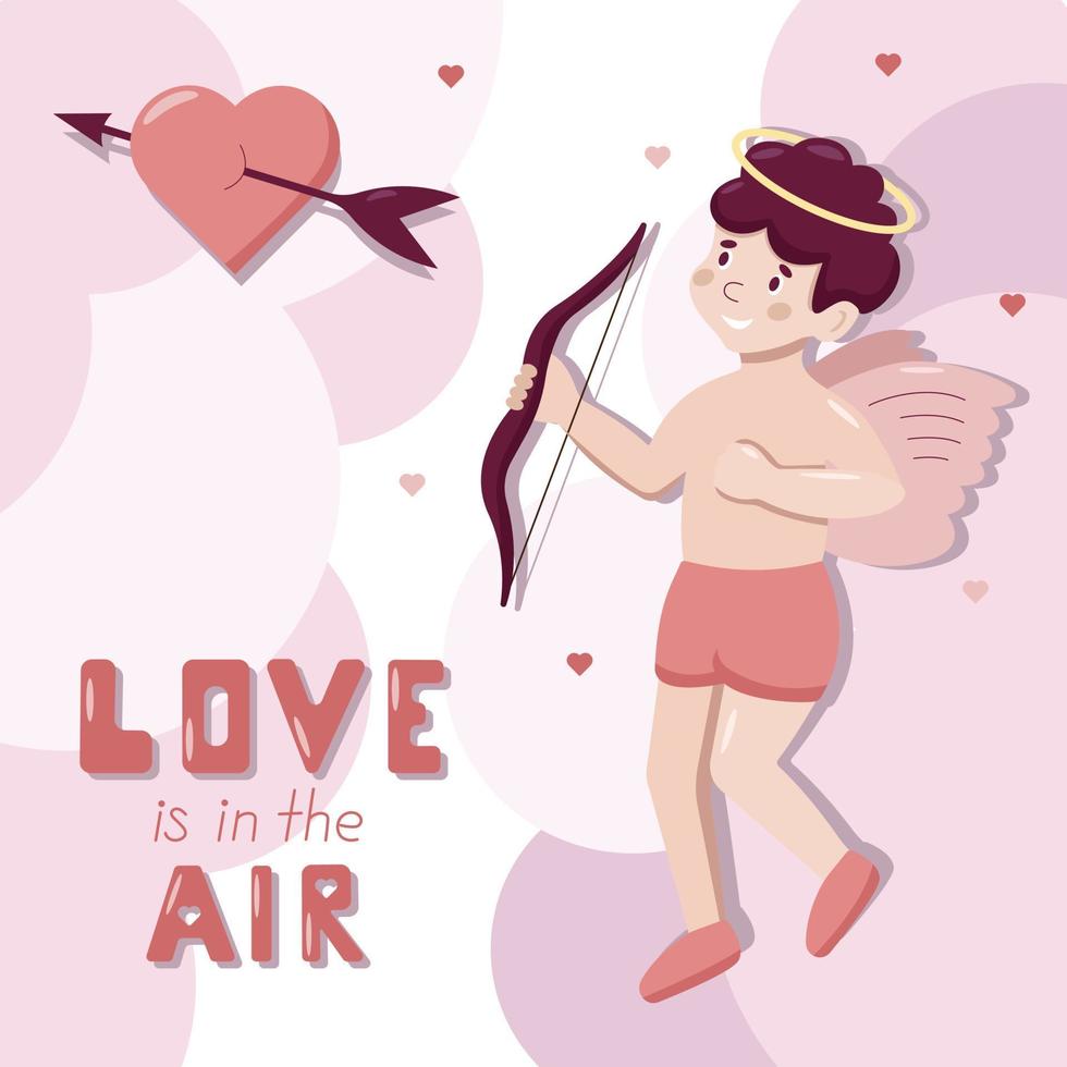 niedliches Cartoon-Vektor-Gruß-Quadrat-Poster mit kleinem Amor. liebe liegt in der luftbeschriftung. Valentinstag-Konzept. Engel schießt aus dem Bogen in rosa Wolken auf das Herz. vektor