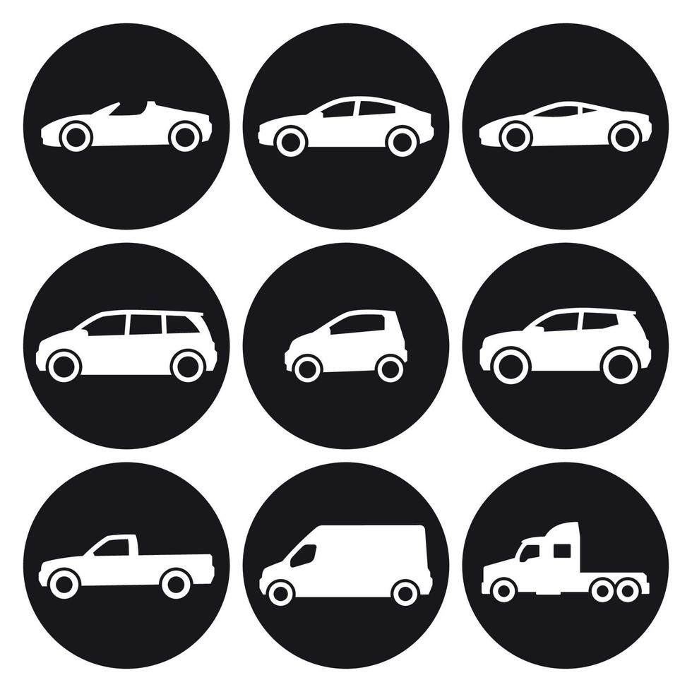 bilar ikoner uppsättning. vit på en svart bakgrund vektor