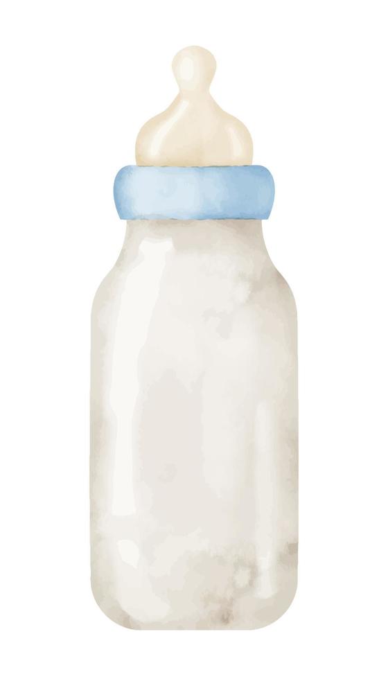 vattenfärg bebis flaska för mjölk. hand dragen illustration på isolerat bakgrund. objekt för barn mat. teckning för dusch hälsning kort eller inbjudningar. plast element för liten pojke. pastell färger vektor