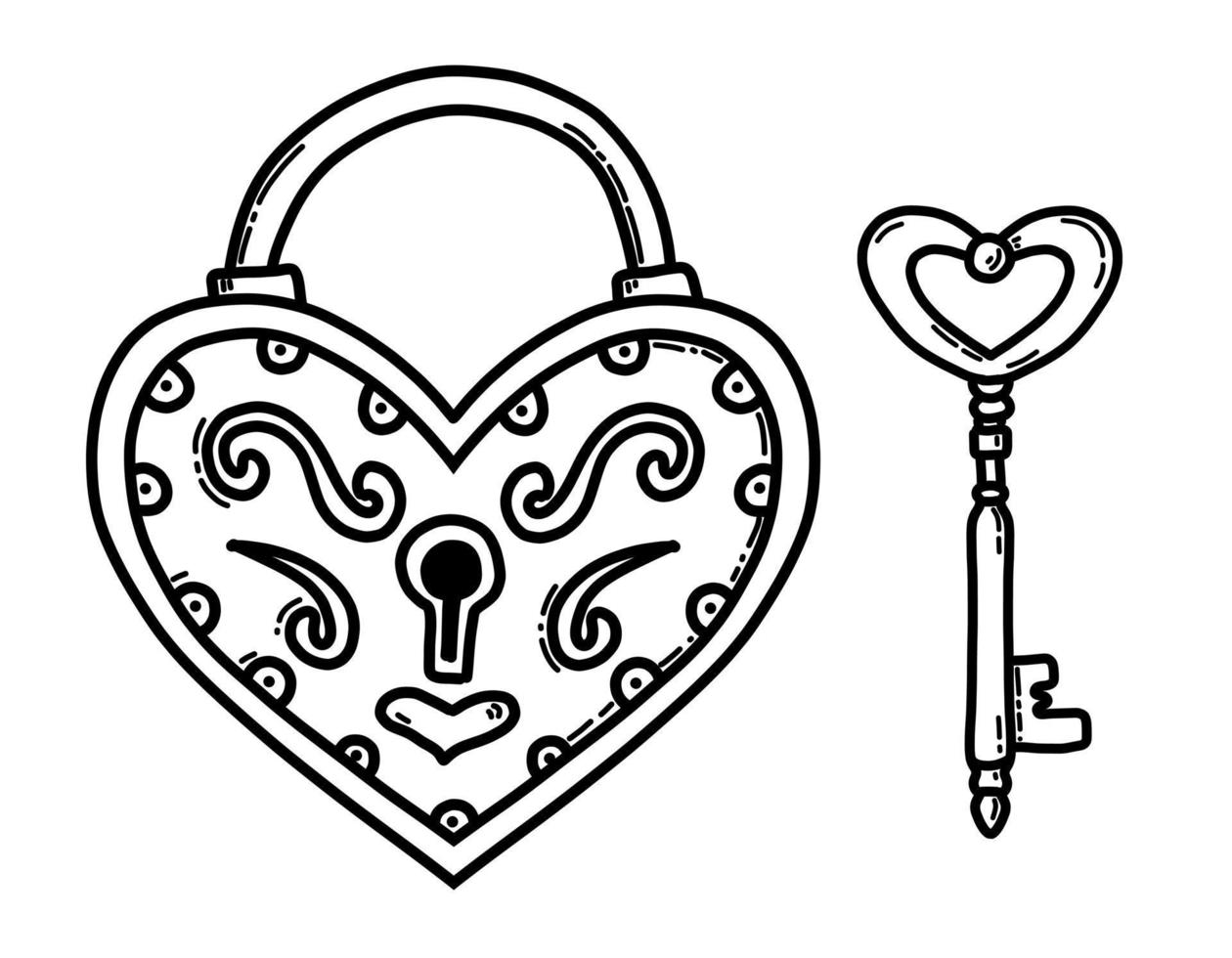 Schlüssel und Herzformschloss. Vektor-Eisen-Vorhängeschloss im Vintage-Sketch-Stil. handgezeichnete Abbildung vektor