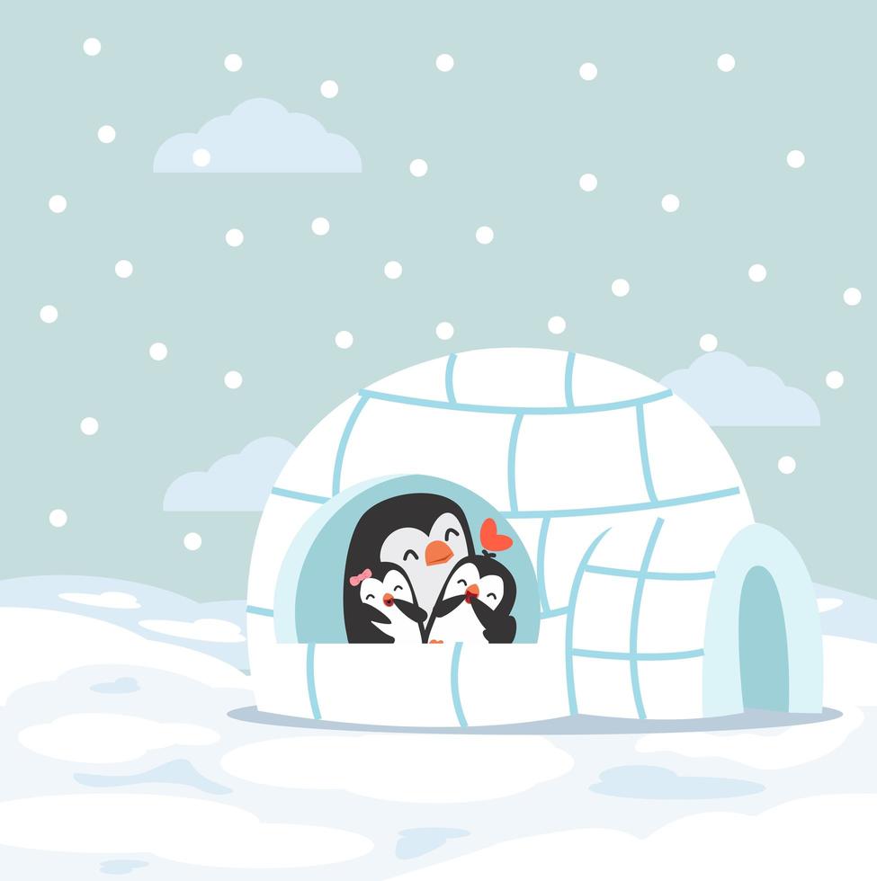 süße Pinguinfamilie in einem Iglu-Eishaus vektor