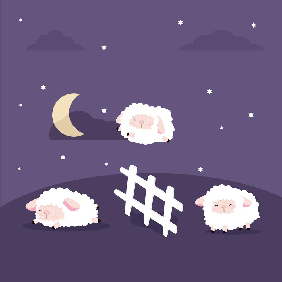 süße Schafe springen nachts über den Zaun vektor