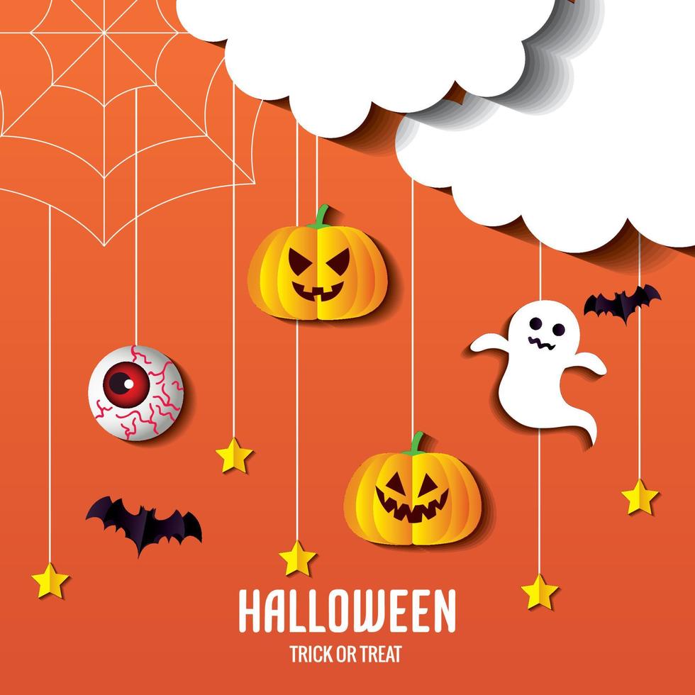 Halloween-Kürbisse Geister- und Augenkarikaturen, die mit Fledermäusen-Vektordesign hängen vektor