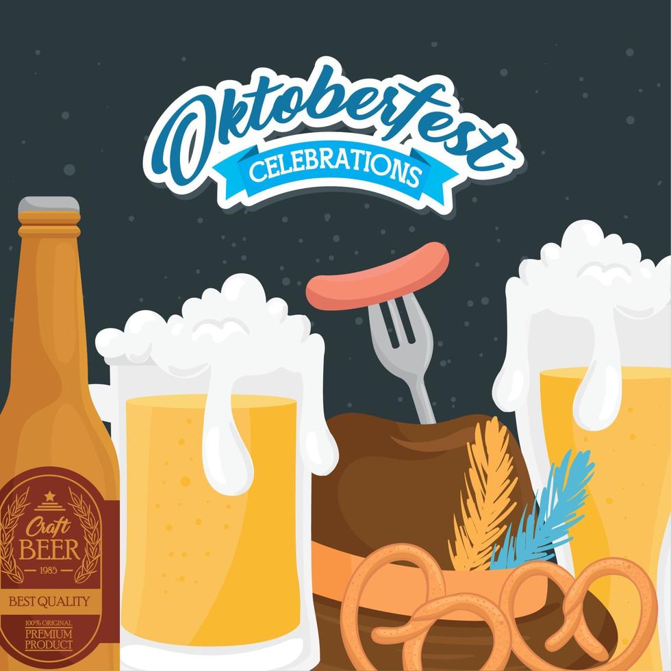 oktoberfest öl flaska glas hatt och saltkringlor vektor design