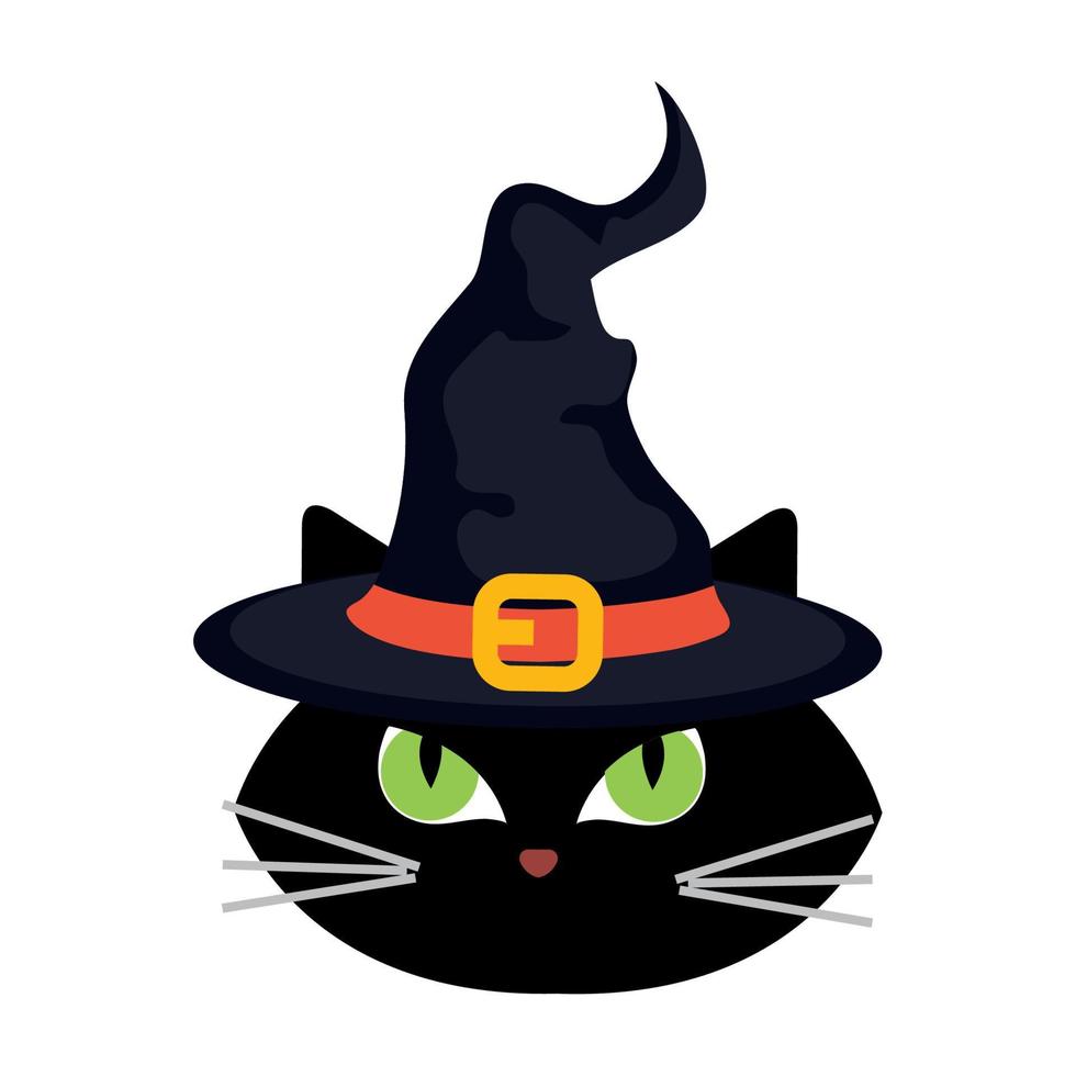 halloween, gesicht der süßen schwarzen katze mit huthexe vektor
