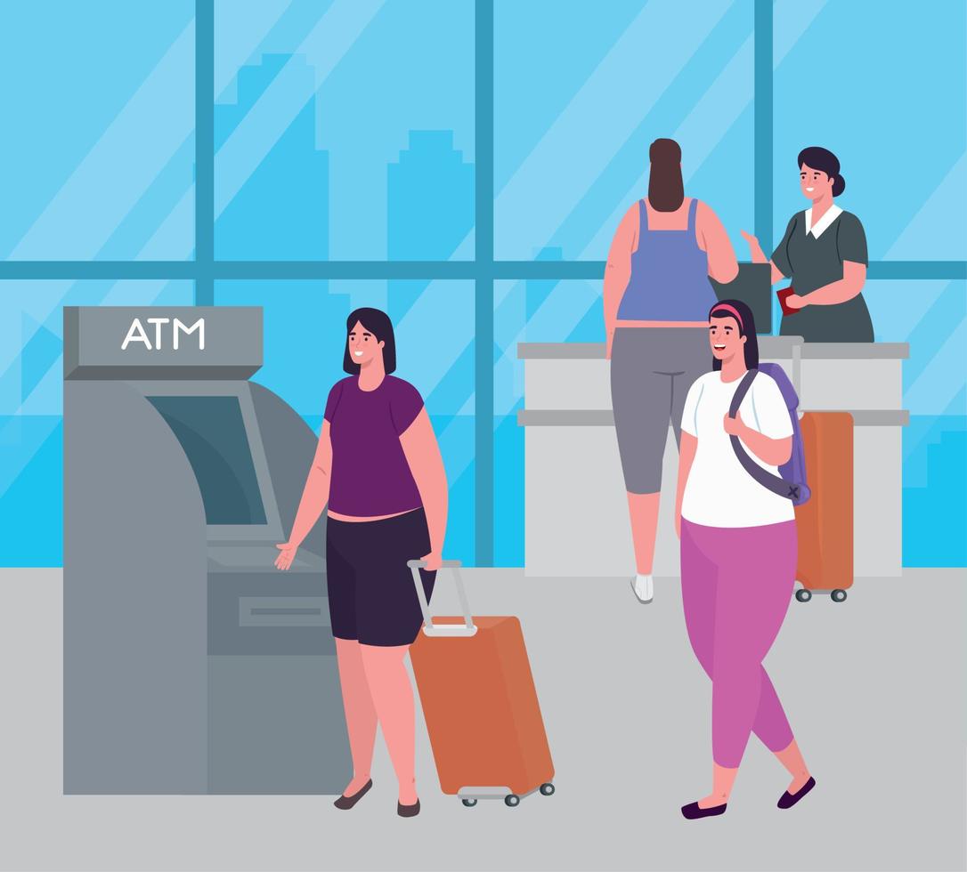 kvinnor och Flygvärdinnan i de flygplats terminal, Bankomat och reception uppmärksamhet vektor