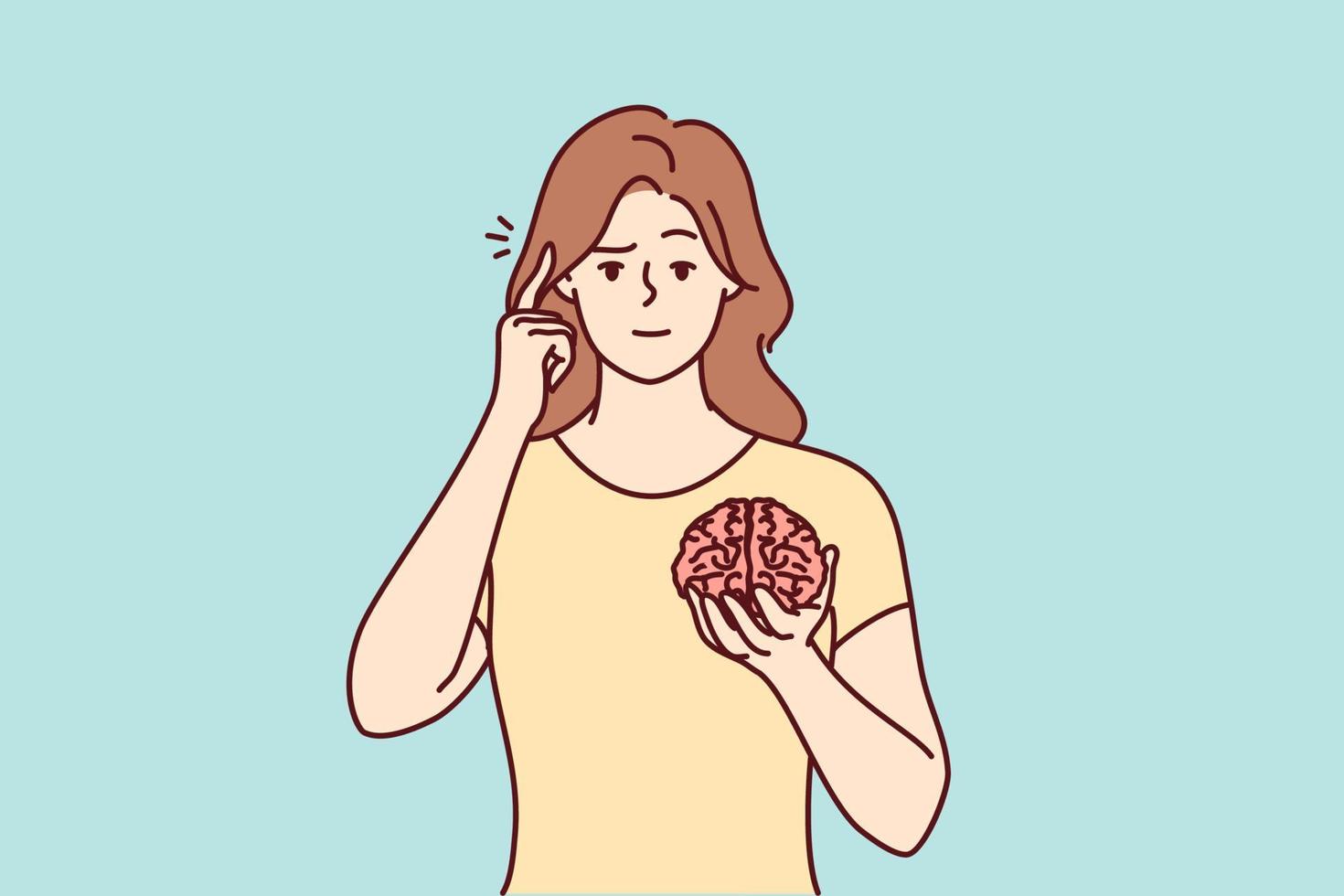 ung kvinna innehav hjärna händer visa på huvud. fokuserade kvinna fråga till använda sig av hjärna och tror och överväga Mer. vektor illustration.