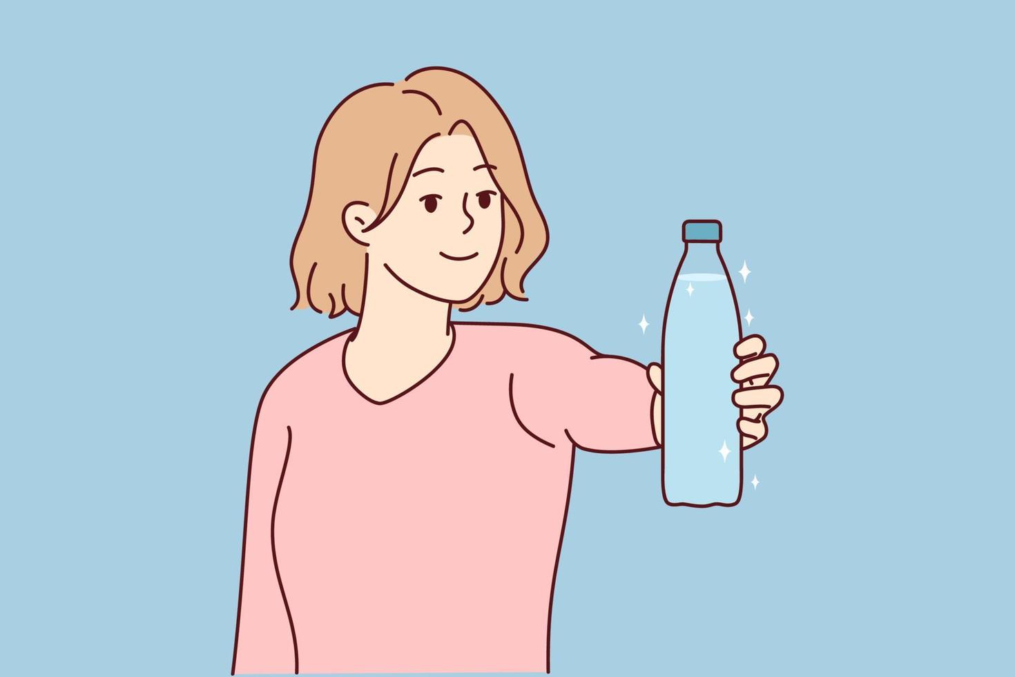 leende ung kvinna håll flaska av vatten rekommendera dricka klar rena aqua. Lycklig kvinna göra rekommendation för friska livsstil. vektor illustration.