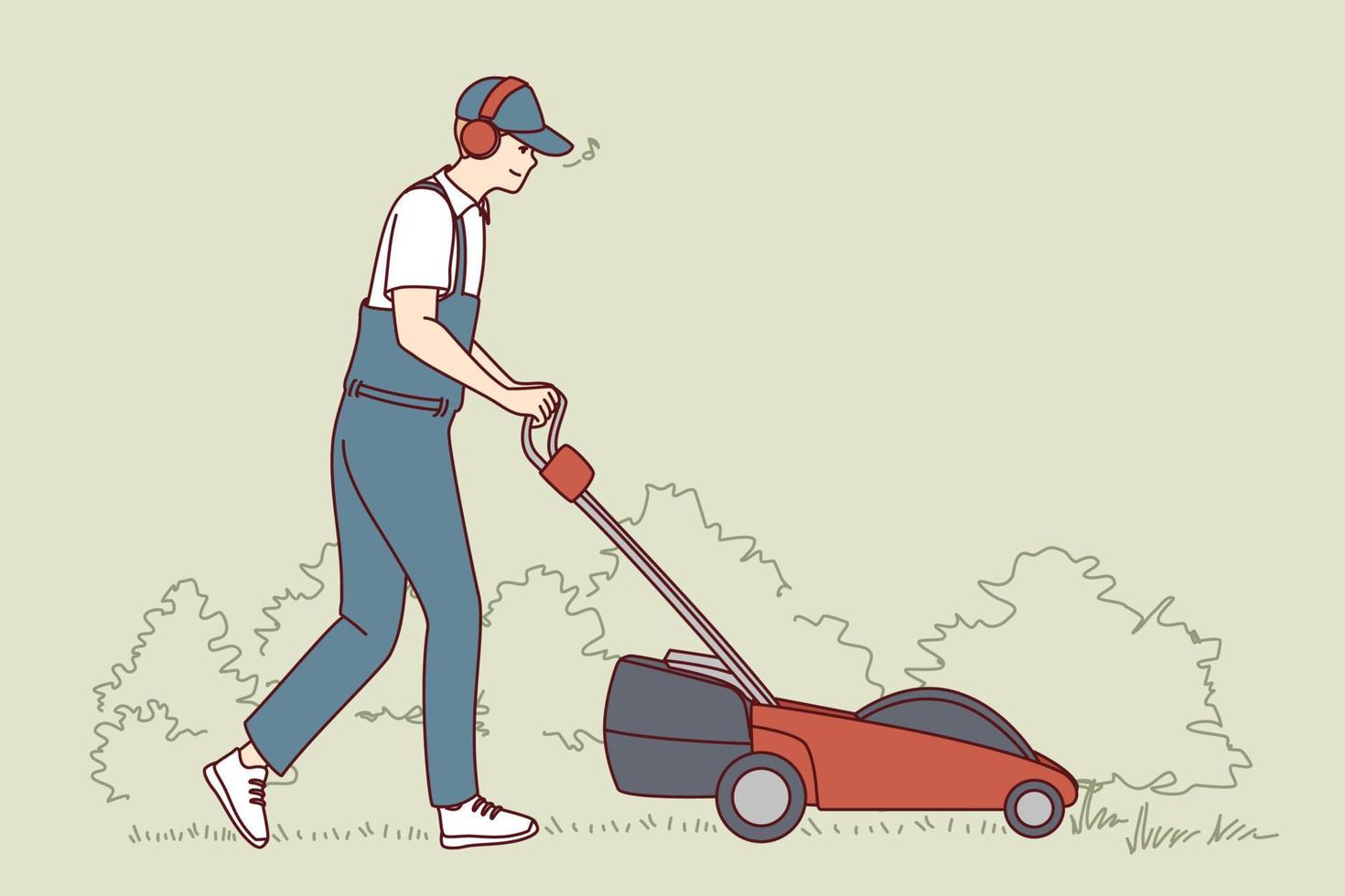Mann in Uniform geschnittenes Gras mit elektrischem Rasenmäher. mitarbeiter oder arbeiter schieben die rasentrimmermaschine im freien. Vektor-Illustration. vektor