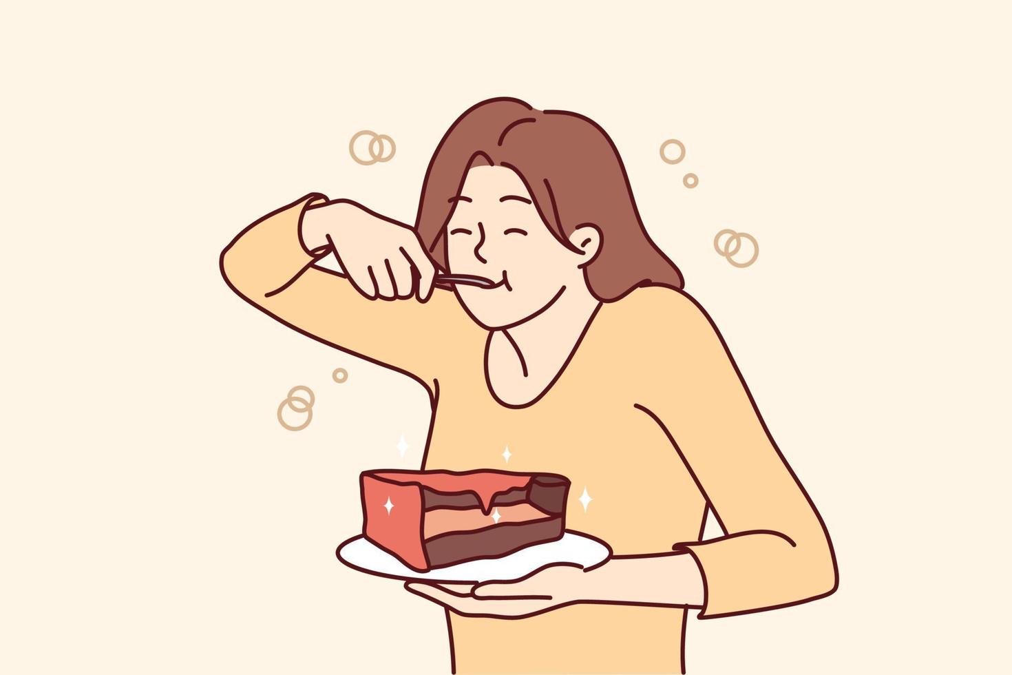 hungrig ung kvinna äter kaka lida från äter oordning. Lycklig flicka njut av choklad efterrätt. skyldig nöje. vektor illustration.